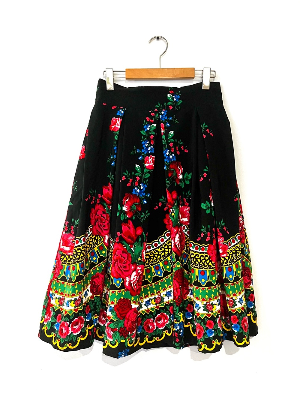 Vintage Floral Print Black Multicolor Pleated A Line Folk Bohemian Skirt Medium - Picture 3 of 6